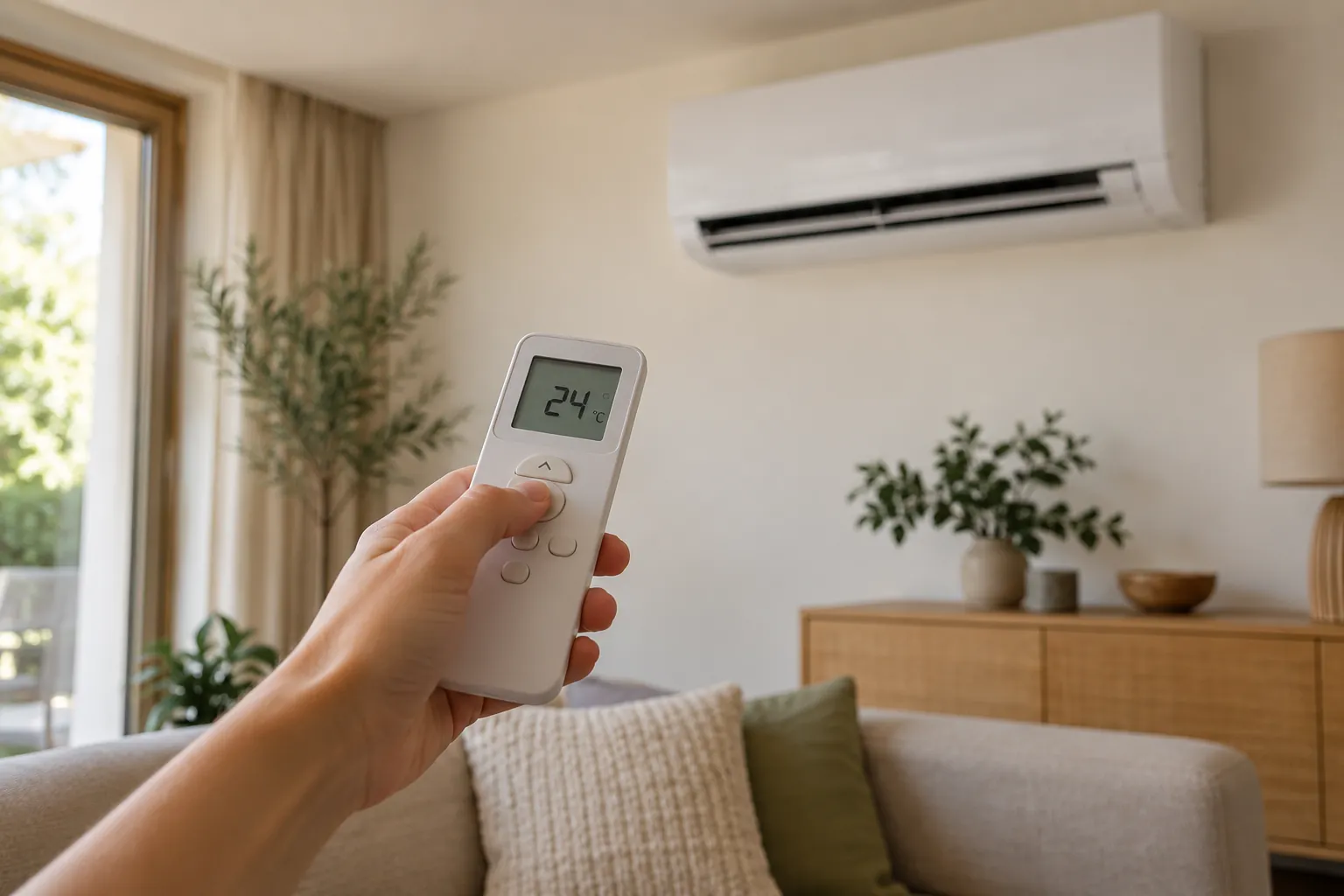 Télécommande réglée sur 24 °C devant une climatisation murale dans un salon lumineux