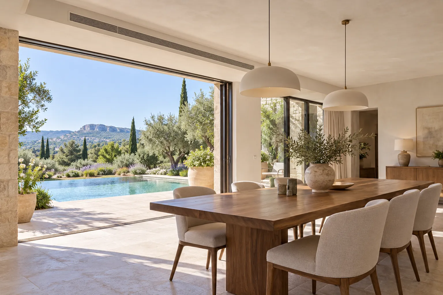 Salle à manger d'une villa du Pays d'Aix climatisée par gainable, grille linéaire discrète au plafond, vue sur la piscine