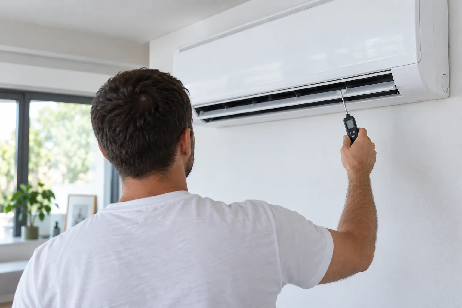 Technicien qui mesure la température de l'air soufflé par une climatisation murale