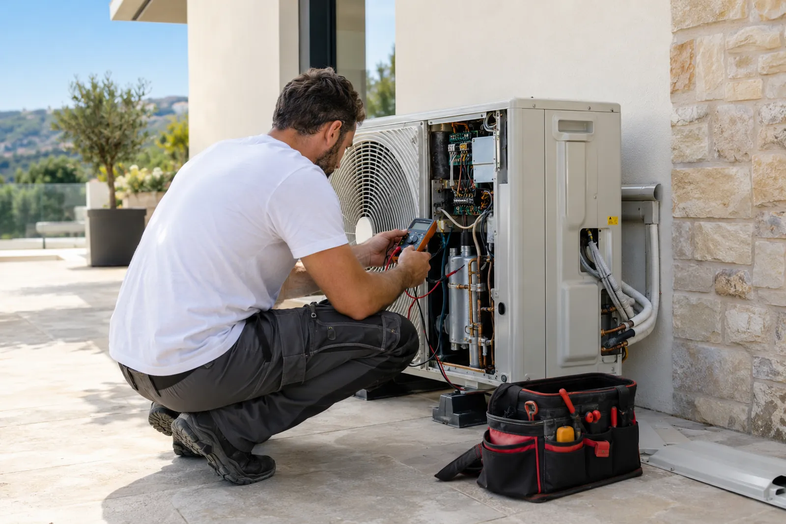 Diagnostic au multimètre d'un groupe extérieur de climatisation au pied d'une villa