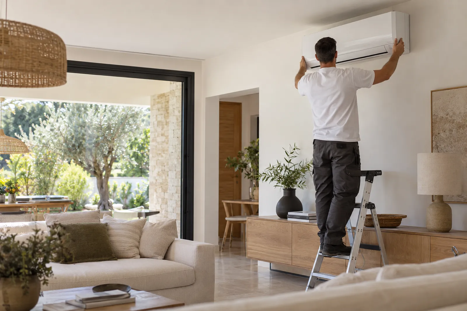 Pose d'une climatisation murale dans un salon lumineux du Pays d'Aix