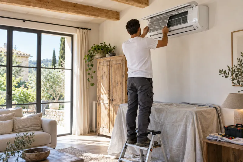 Technicien qui retire le filtre d'une climatisation murale dans un mas provençal aux poutres apparentes