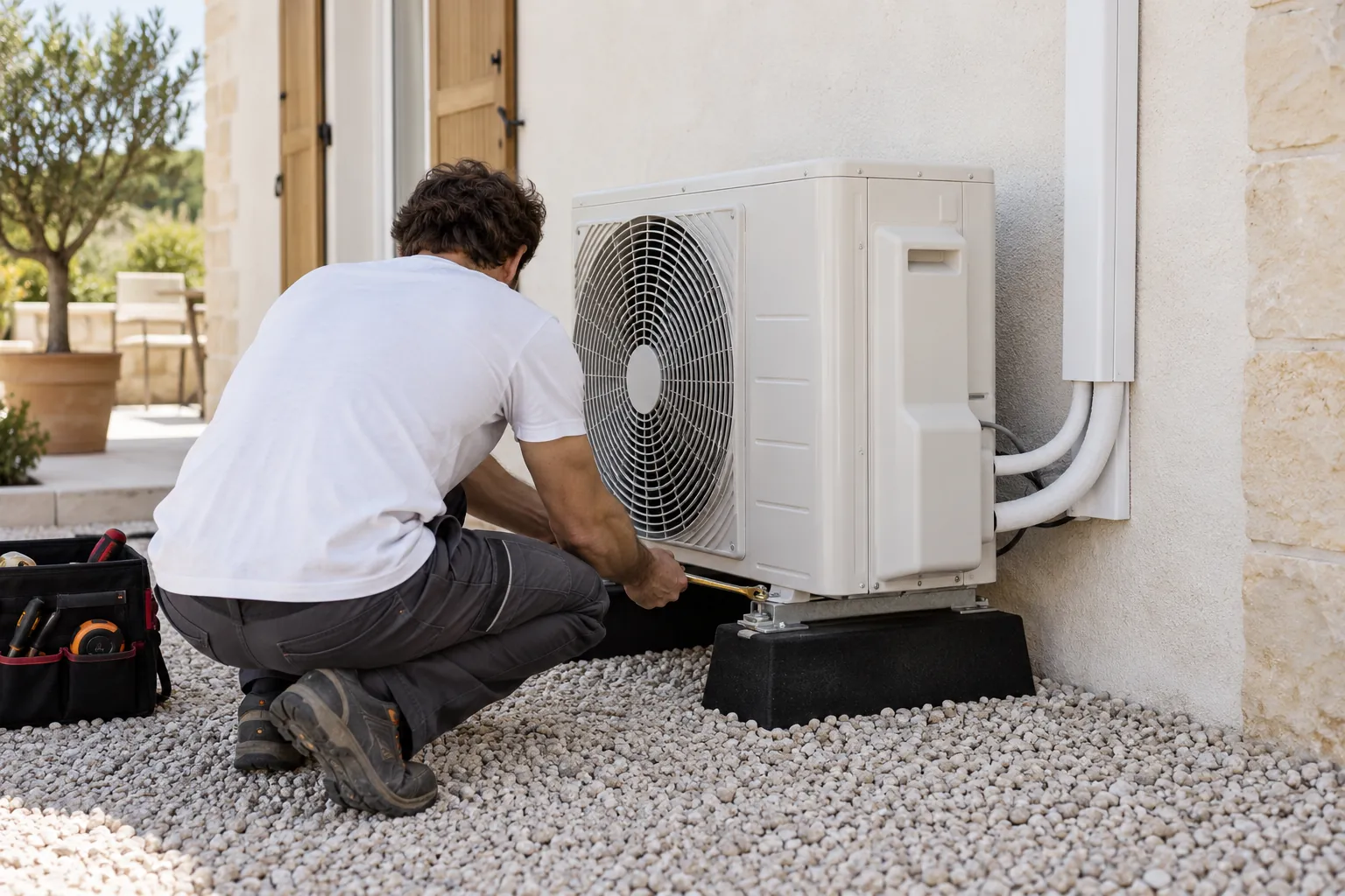 Pose d'une unité extérieure de climatisation sur supports au pied d'une maison